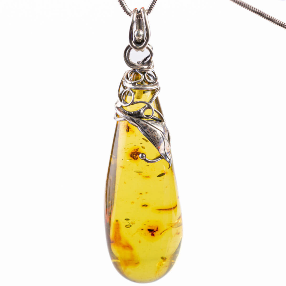 Collana Argento 925 Con Pendente Goccia Di Ambra Baltica Multicolore – Fatto A Mano