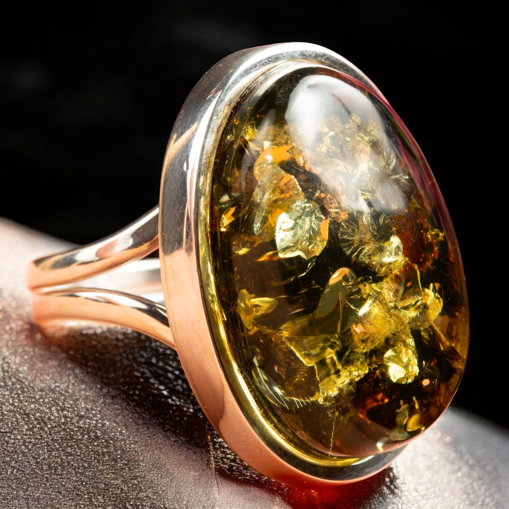 Sterling Silver & Baltic Green Amber Ring 'Dana' - Handcrafted Natural Amber Ring, One Of A Kind - View #3