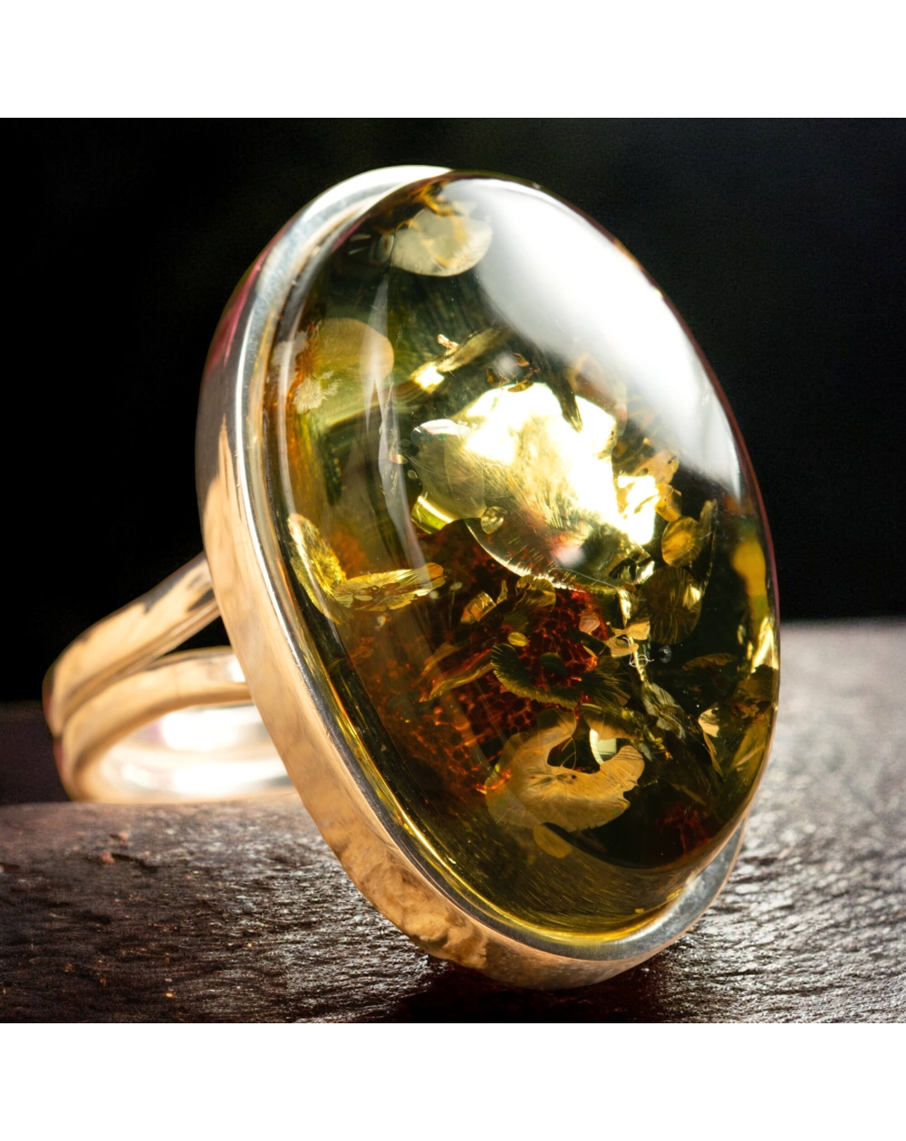 Sterling Silver Baltic Green Amber Ring - Genuine Natural Amber Stone Ring For Women