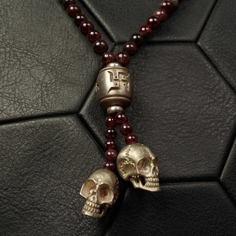 Tibetan Mala - Garnet - Skull - Swastika 