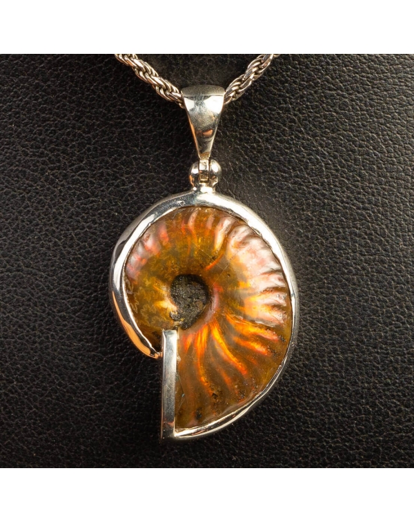 Silver Pendant with Red Opal Ammonite