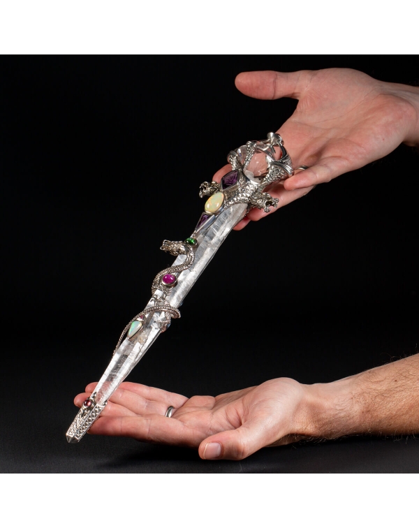 Crystal tip with precious stones and silver dragon