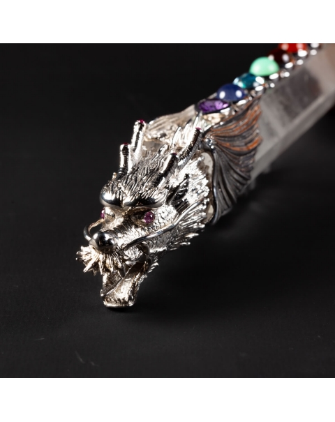 Crystal tip with precious stones and silver dragon