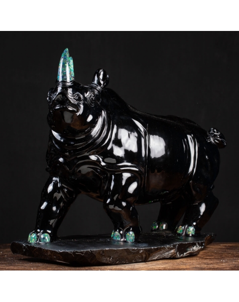 Rhino statue in Obsidian and Opal