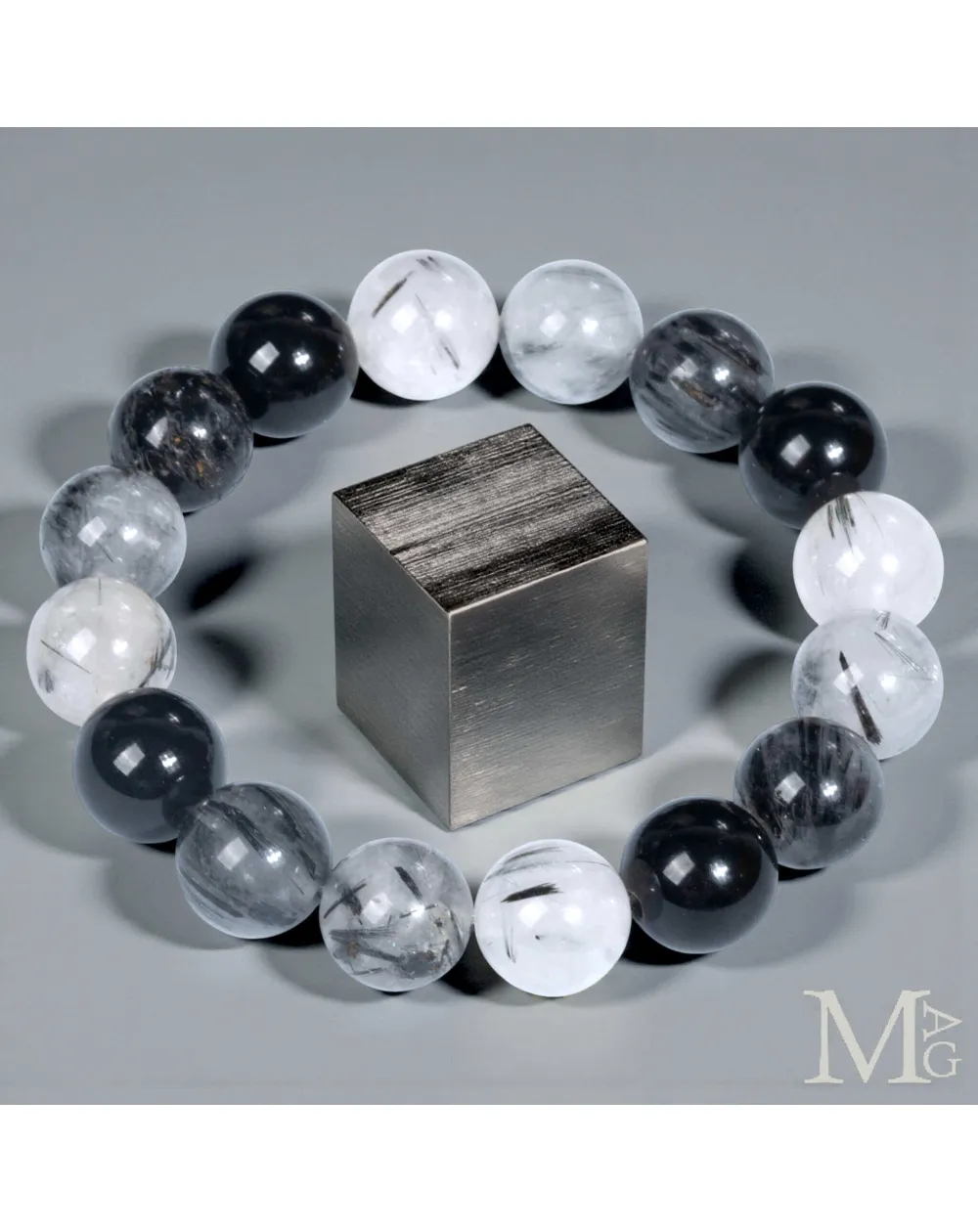Bracciale in Quarzo Tormalinato e Onice Nero – Sfere da 12,5 mm
