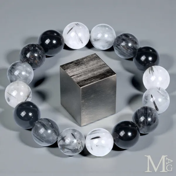 Bracciale in Quarzo Tormalinato e Onice Nero – Sfere da 12,5 mm