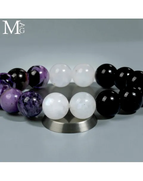 Bracciale in Charoite - Onice Nero e Pietra di Luna – Sfere da 10,5 mm