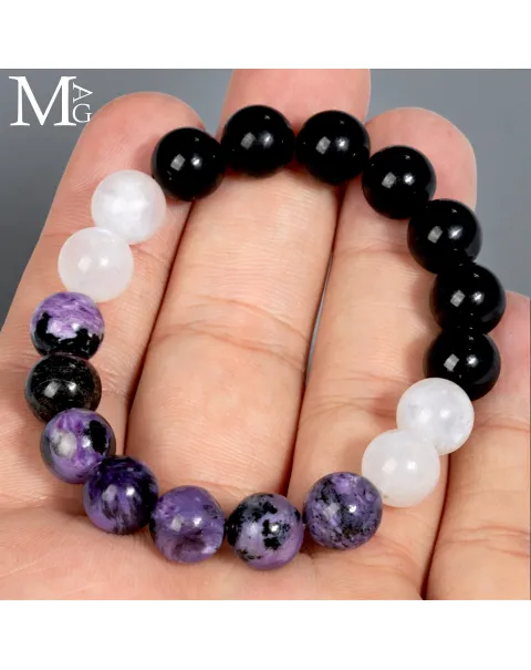Bracciale in Charoite - Onice Nero e Pietra di Luna – Sfere da 10,5 mm