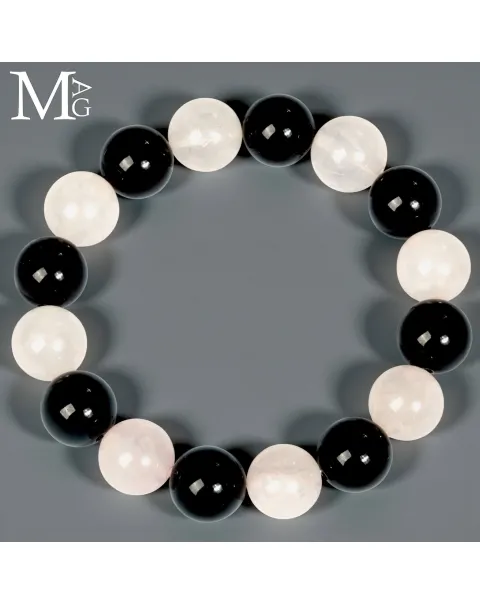 Bracciale in Quarzo Rosa e Onice Nero – Sfere da 12,5 mm