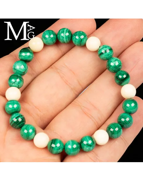Bracciale Sfere in Malachite Naturale e Osso.