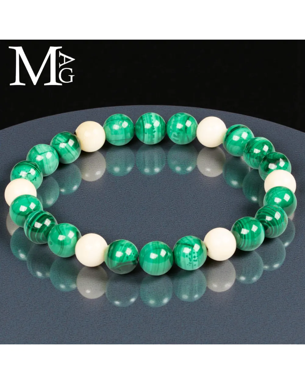 Bracciale Sfere in Malachite Naturale e Osso.