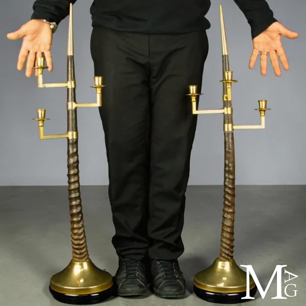 Coppia di Candelabri in Corna di Gazzella con Elementi in Ottone – Anni 1940