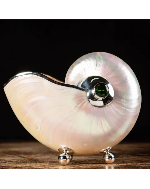 Nautilus in Madreperla con lavorazione in argento e gemme verdi