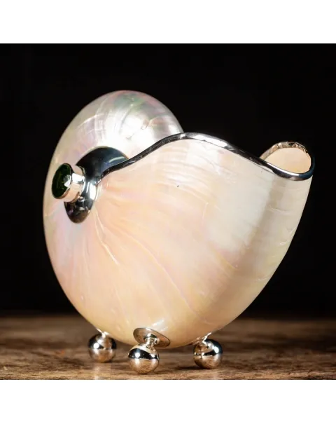 Nautilus in Madreperla con lavorazione in argento e gemme verdi