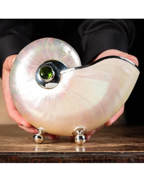 Nautilus in Madreperla con lavorazione in argento e gemme verdi