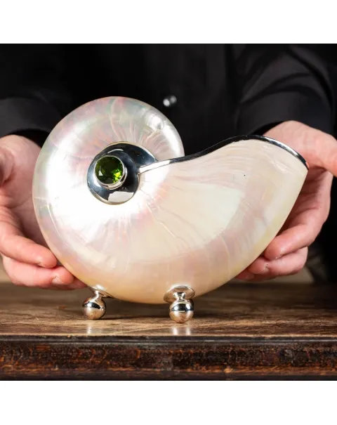Nautilus in Madreperla con lavorazione in argento e gemme verdi
