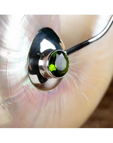 Nautilus in Madreperla con lavorazione in argento e gemme verdi
