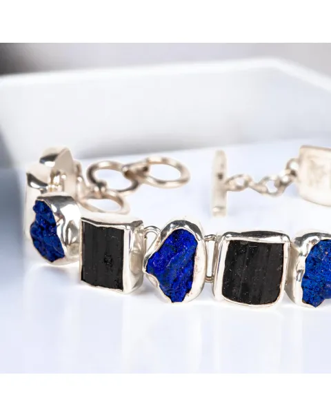 Bracciale in Argento con Azzurrite dei Monti Urali e Tormalina Nera.