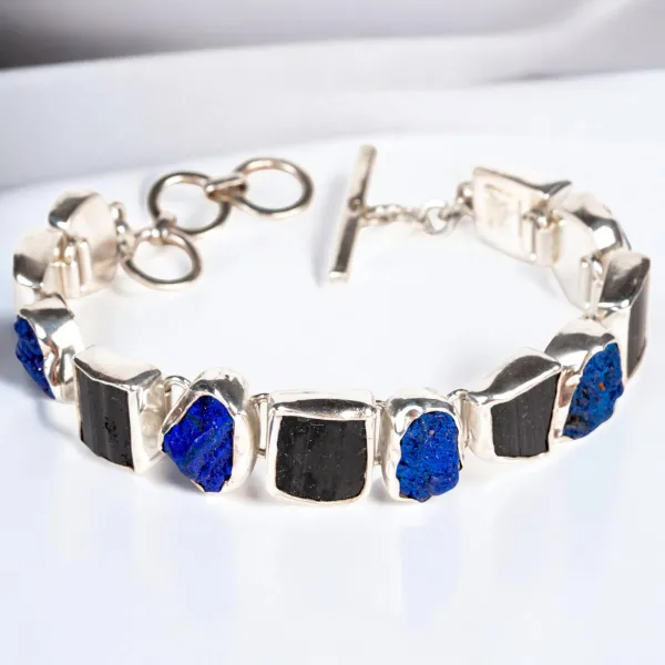Bracciale in Argento con Azzurrite dei Monti Urali e Tormalina Nera.