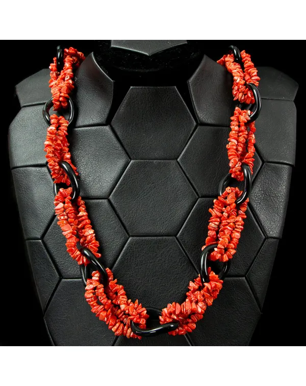 Collana in Corallo Rosso Mediterraneo e Onice Nero...