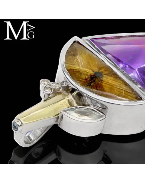 Ciondolo in Argento ed Oro: Ametista Boliviana, Quarzo Rutilato, Acquamarina e Diamantini