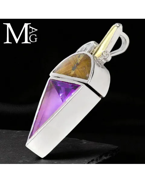 Ciondolo in Argento ed Oro: Ametista Boliviana, Quarzo Rutilato, Acquamarina e Diamantini