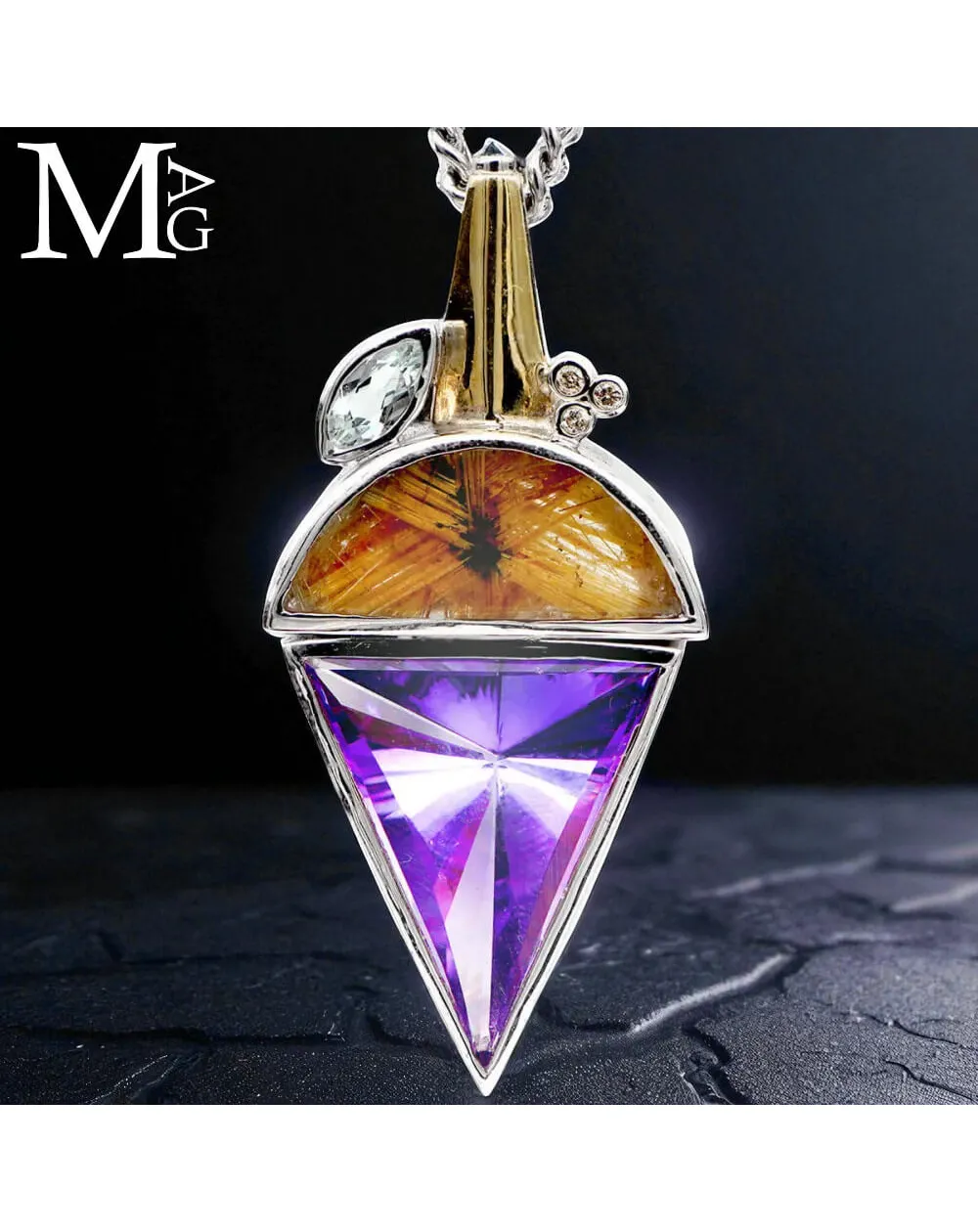 Ciondolo in Argento ed Oro: Ametista Boliviana, Quarzo Rutilato, Acquamarina e Diamantini