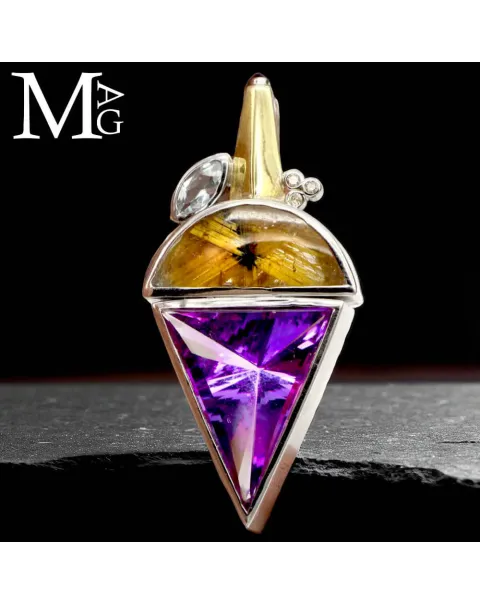 Ciondolo in Argento ed Oro: Ametista Boliviana, Quarzo Rutilato, Acquamarina e Diamantini