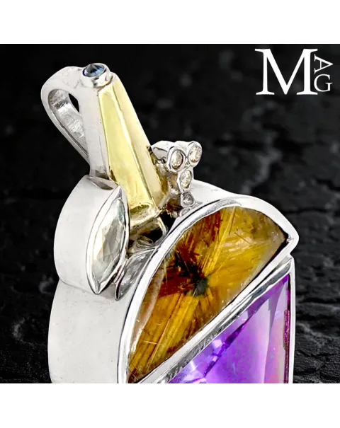 Ciondolo in Argento ed Oro: Ametista Boliviana, Quarzo Rutilato, Acquamarina e Diamantini