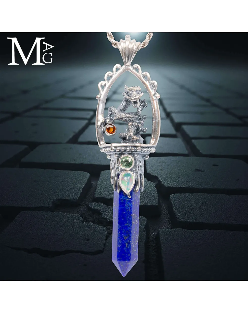 Amuleto Drago in Argento con Lapis, Opale e Tormaline.