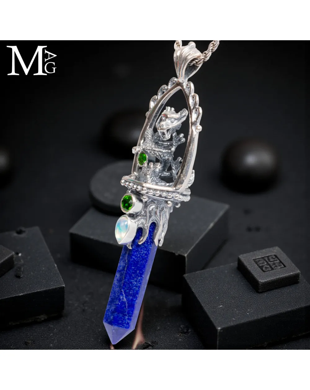 Amuleto Drago in Argento con Lapis, Opale e Peridoto