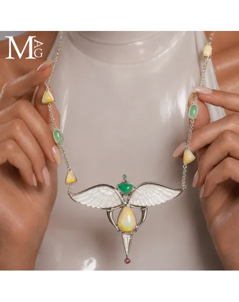 Collier Alato in Argento con Opali Etiopi, Crisoprasio, Smeraldo, Quarzo e Rubino