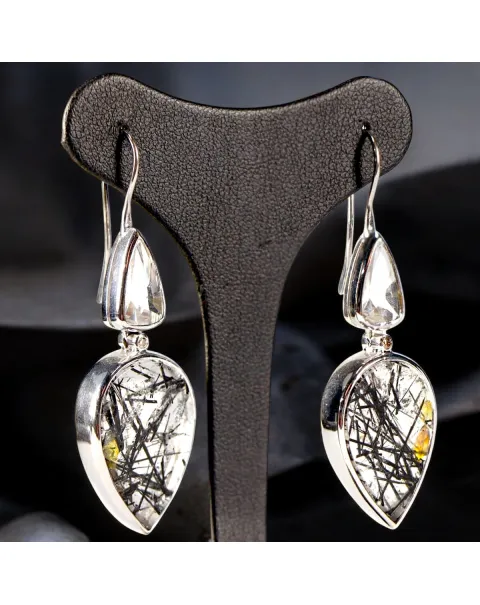 Orecchini in Argento con Quarzo Tormalinato, Quarzo Ialino e Diamanti.