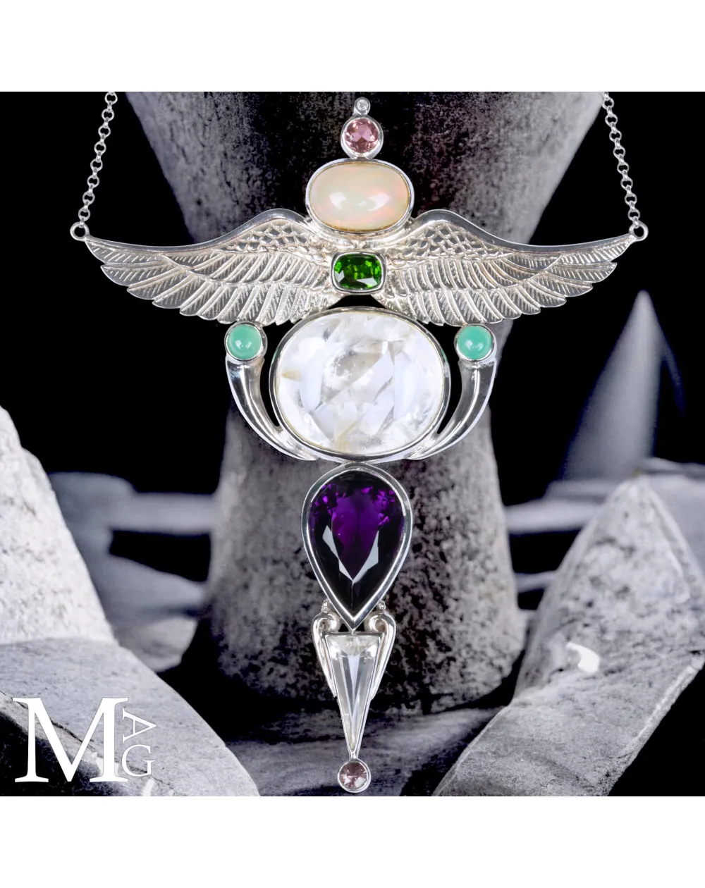 Collier Faraonico – Opale Etiope, Ametista Boliviana, Quarzo Lemuriano “Manifestation”, Tormalina e Amazzonite