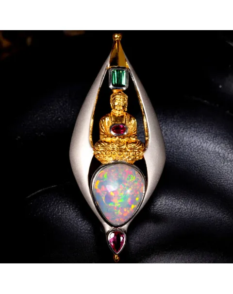 Ciondolo in Argento Satinato e Oro con Opale, Rubino e Tormaline..
