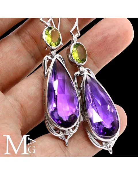 Orecchini in Argento con Ametista Boliviana, Peridoto e Diamanti.