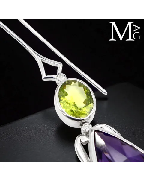 Orecchini in Argento con Ametista Boliviana, Peridoto e Diamanti.