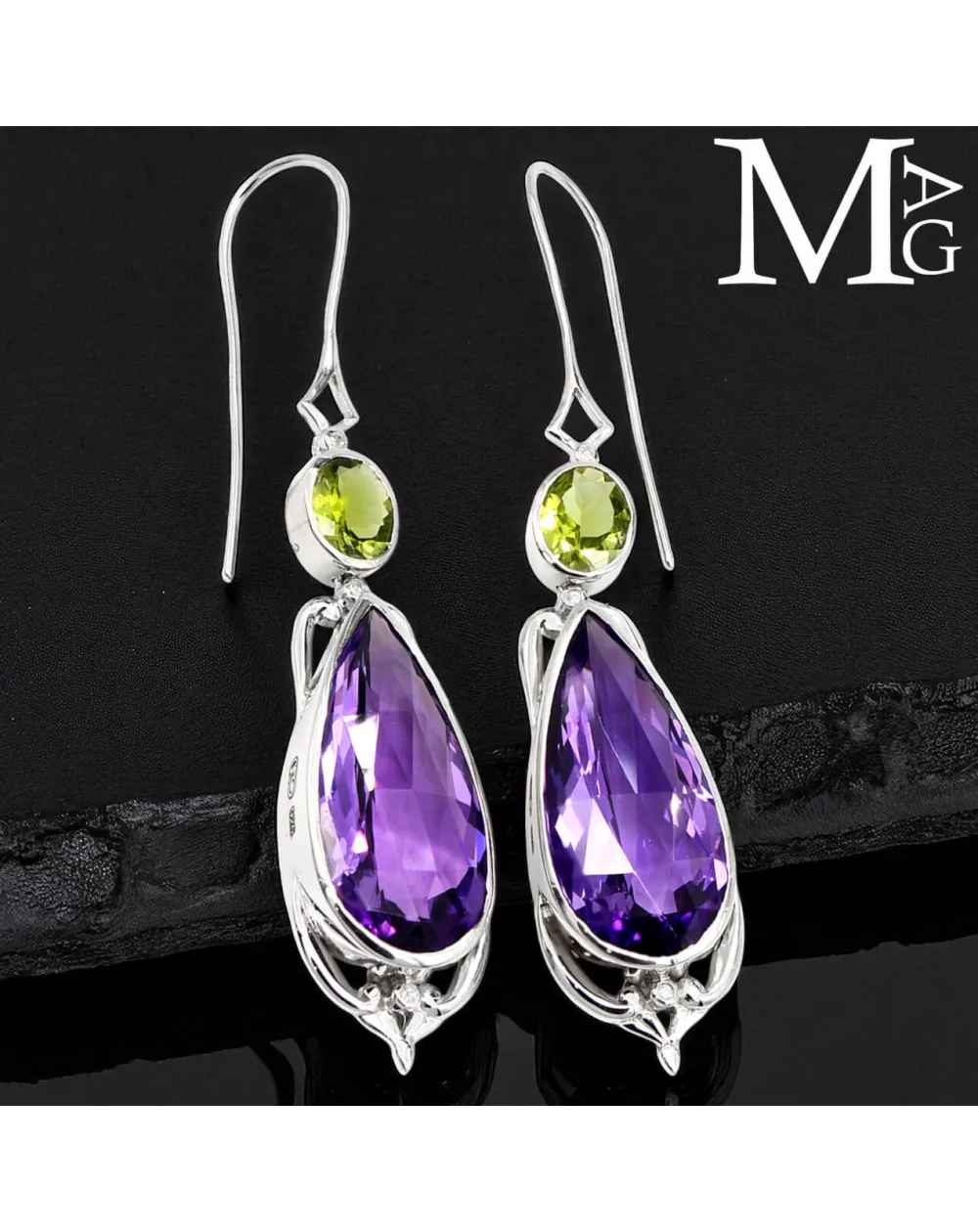 Orecchini in Argento con Ametista Boliviana, Peridoto e Diamanti.