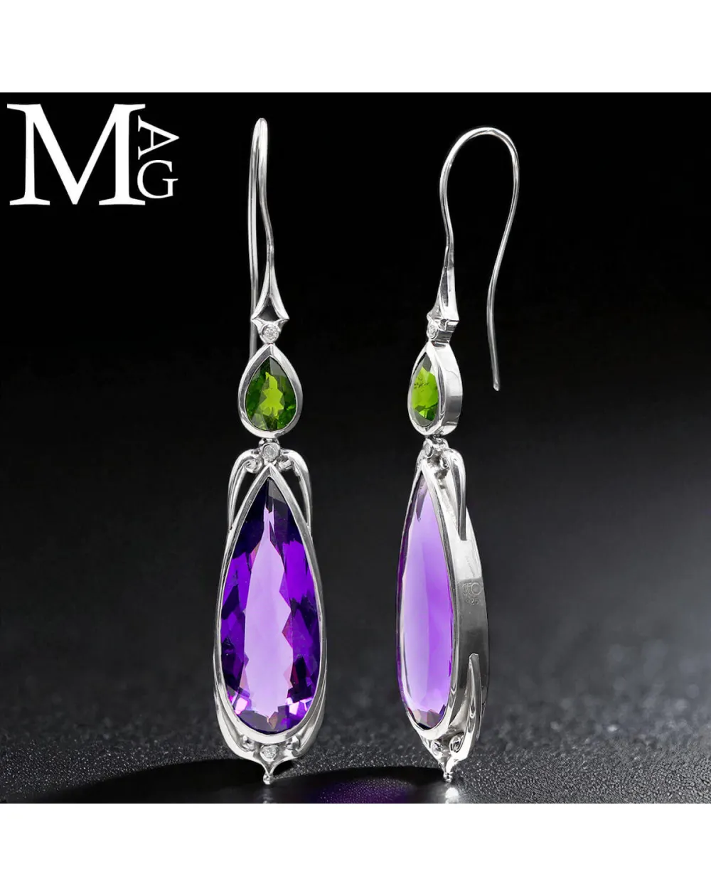 Orecchini in Argento con Ametista Boliviana, Peridoto e Diamanti – Design Contemporaneo ed Elegante.