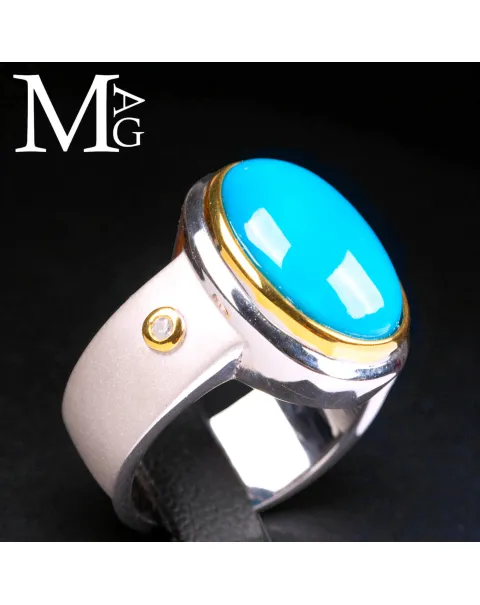 Anello in argento e oro con turchese Nishapur e diamante.