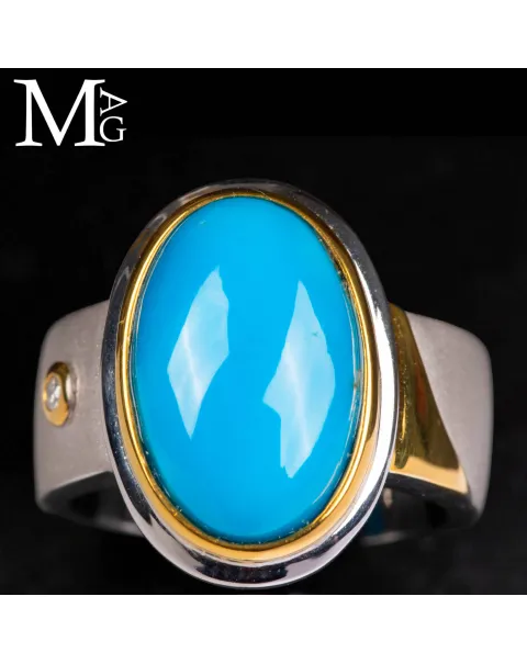 Anello in argento e oro con turchese Nishapur e diamante.