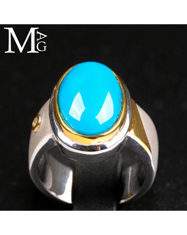 Anello in argento e oro con turchese Nishapur e di...