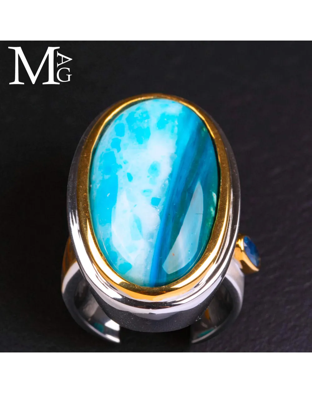Anello in argento con opale peruviano e zaffiro blu