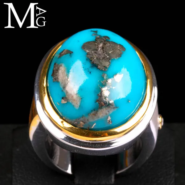 Anello in Argento con finiture in Oro 18K – Turchese Persiano con inclusioni di Pirite e Diamante