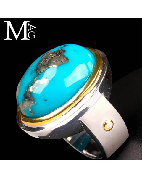 Anello in Argento con finiture in Oro 18K – Turchese Persiano con inclusioni di Pirite e Diamante