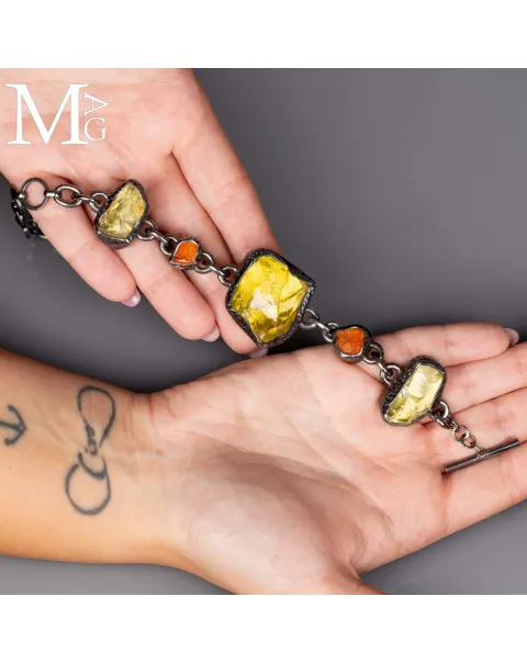 Pezzo Unico - Bracciale in Argento, Quarzo Limone e Opale di Fuoco.