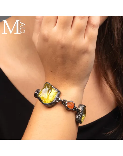 Pezzo Unico - Bracciale in Argento, Quarzo Limone e Opale di Fuoco.