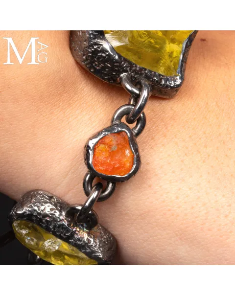 Pezzo Unico - Bracciale in Argento, Quarzo Limone e Opale di Fuoco.
