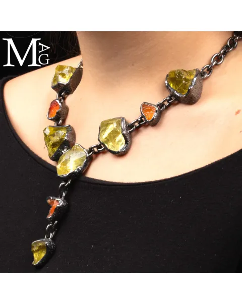 Pezzo Unico - Collana in Argento, Quarzo Limone e Opale di Fuoco.