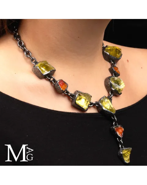 Pezzo Unico - Collana in Argento, Quarzo Limone e Opale di Fuoco.